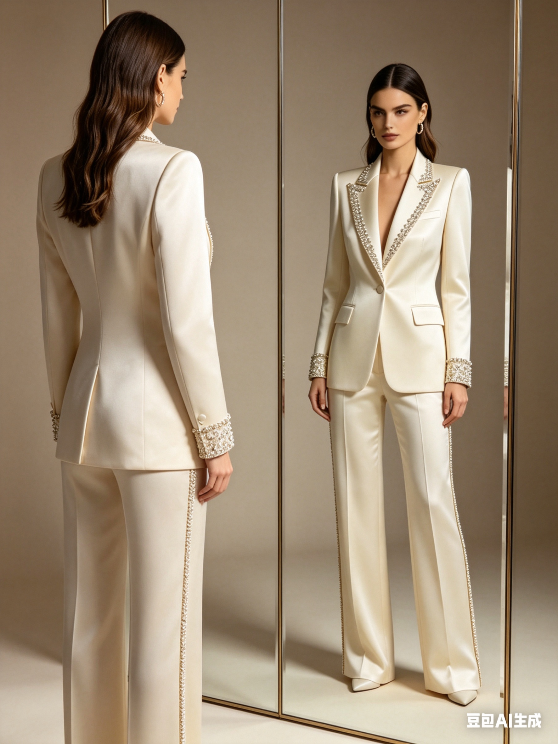 Men'S Formal Wear For Wedding Guest - Beige Crystals Stone Women Suit Set